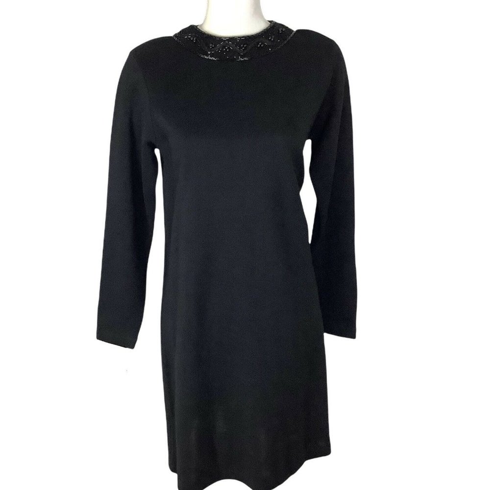 Evan-Picone Women's S Black Knit Sweater Dress Scoop Beaded Neck A-Line Dressy